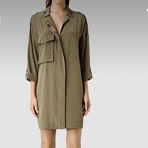 New with tags 100% silk All saints khaki floral print trim zip dress. Size 6.